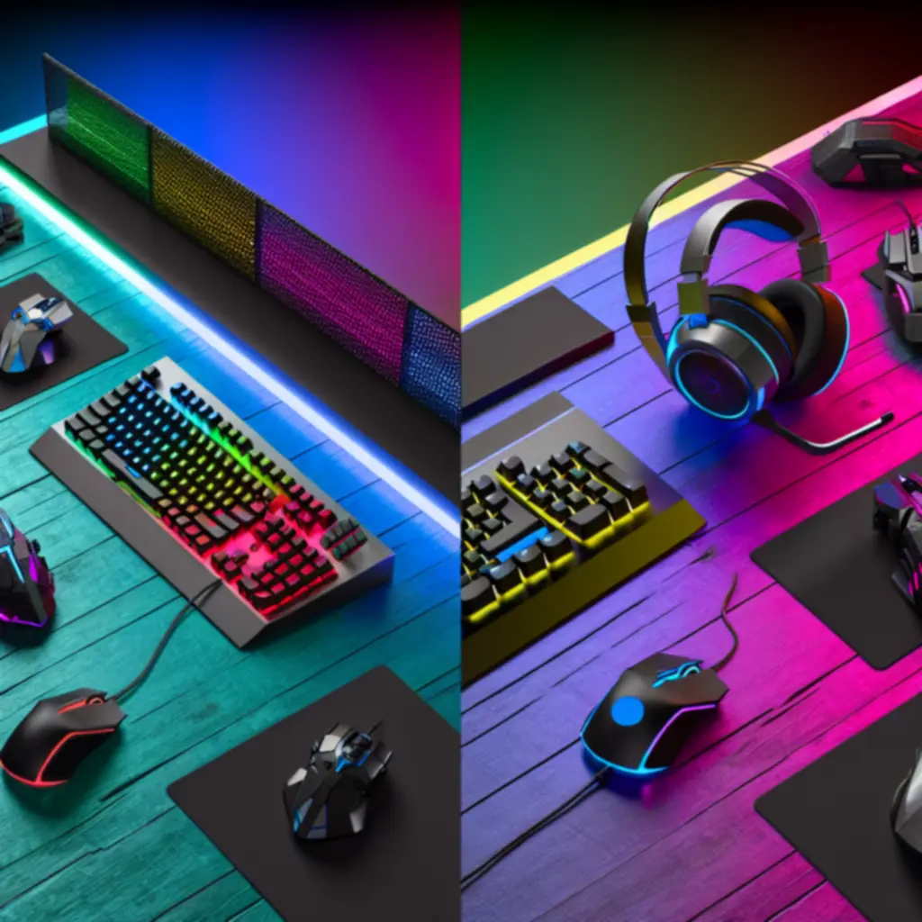 Gamingowy sprzęt i akcesoria w stylu Plonexia, podświetlone neonowym światłem