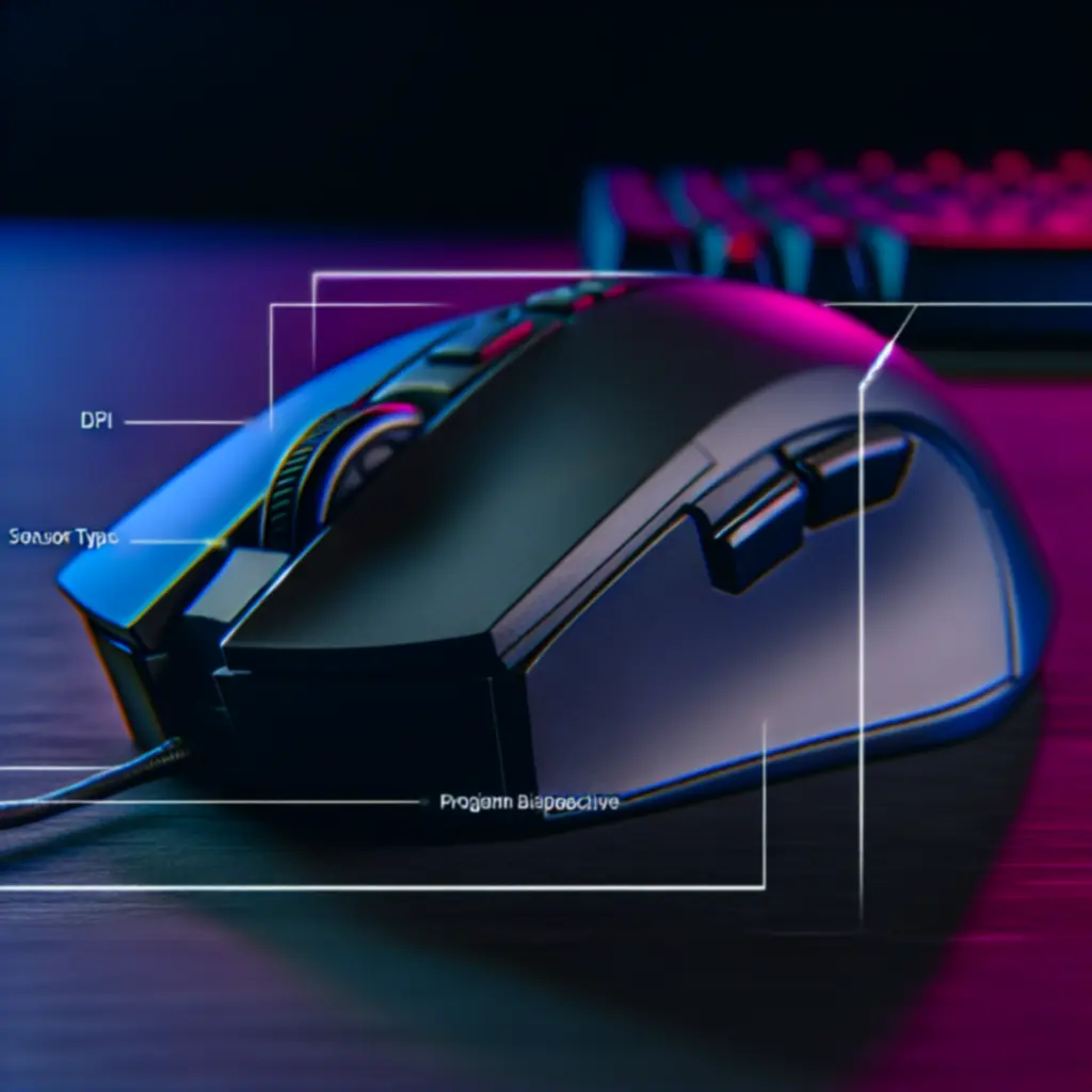 Zbliżenie na mysz gamingową z oznaczonymi kluczowymi parametrami technicznymi