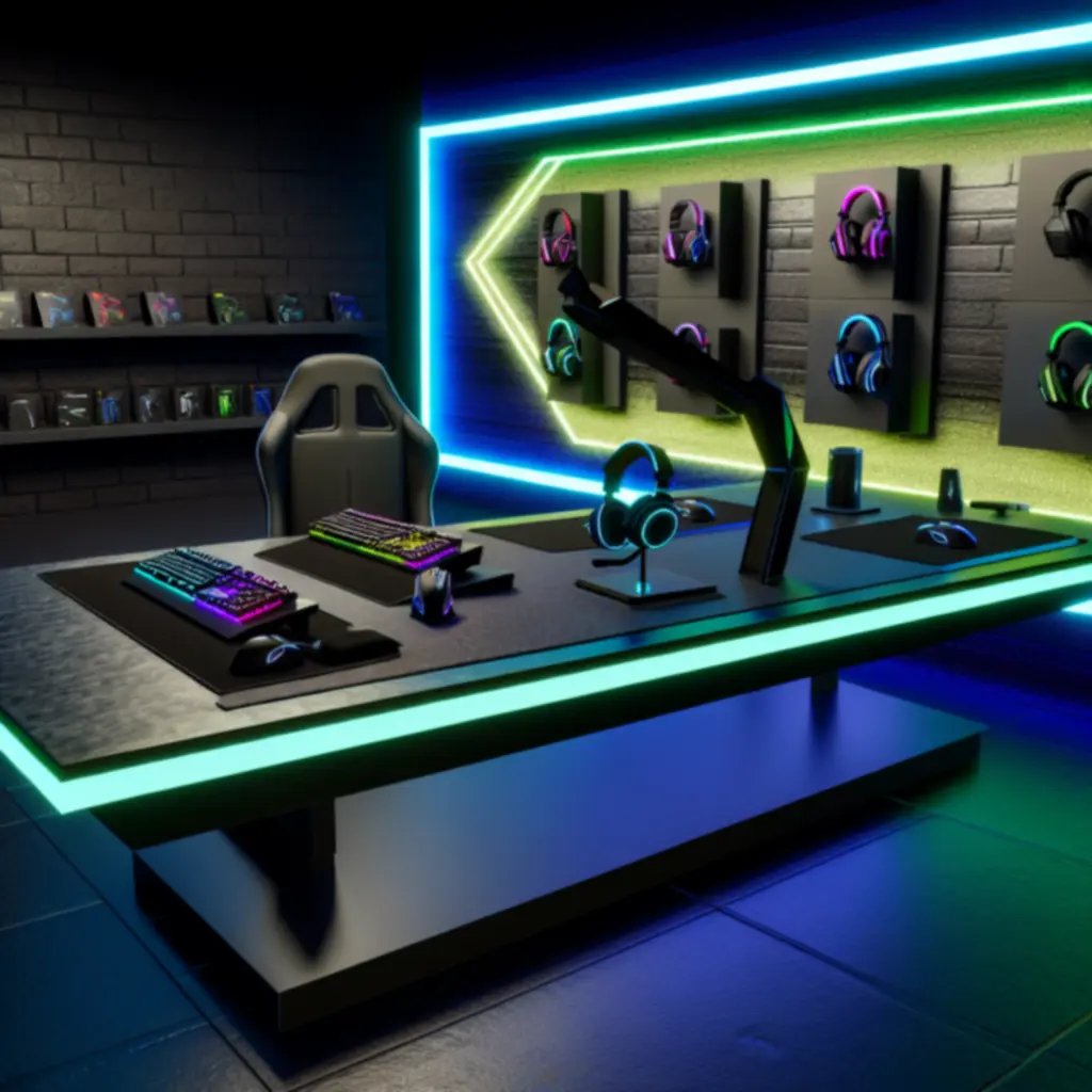 Zestaw nowoczesnych peryferiów gamingowych na biurku gracza